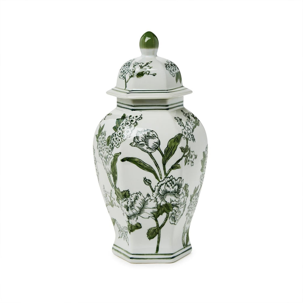14" Primrose and Lotus Green and White Chinoiserie Hexogonal Temple Jar with Lid