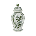 14" Primrose and Lotus Green and White Chinoiserie Hexogonal Temple Jar with Lid
