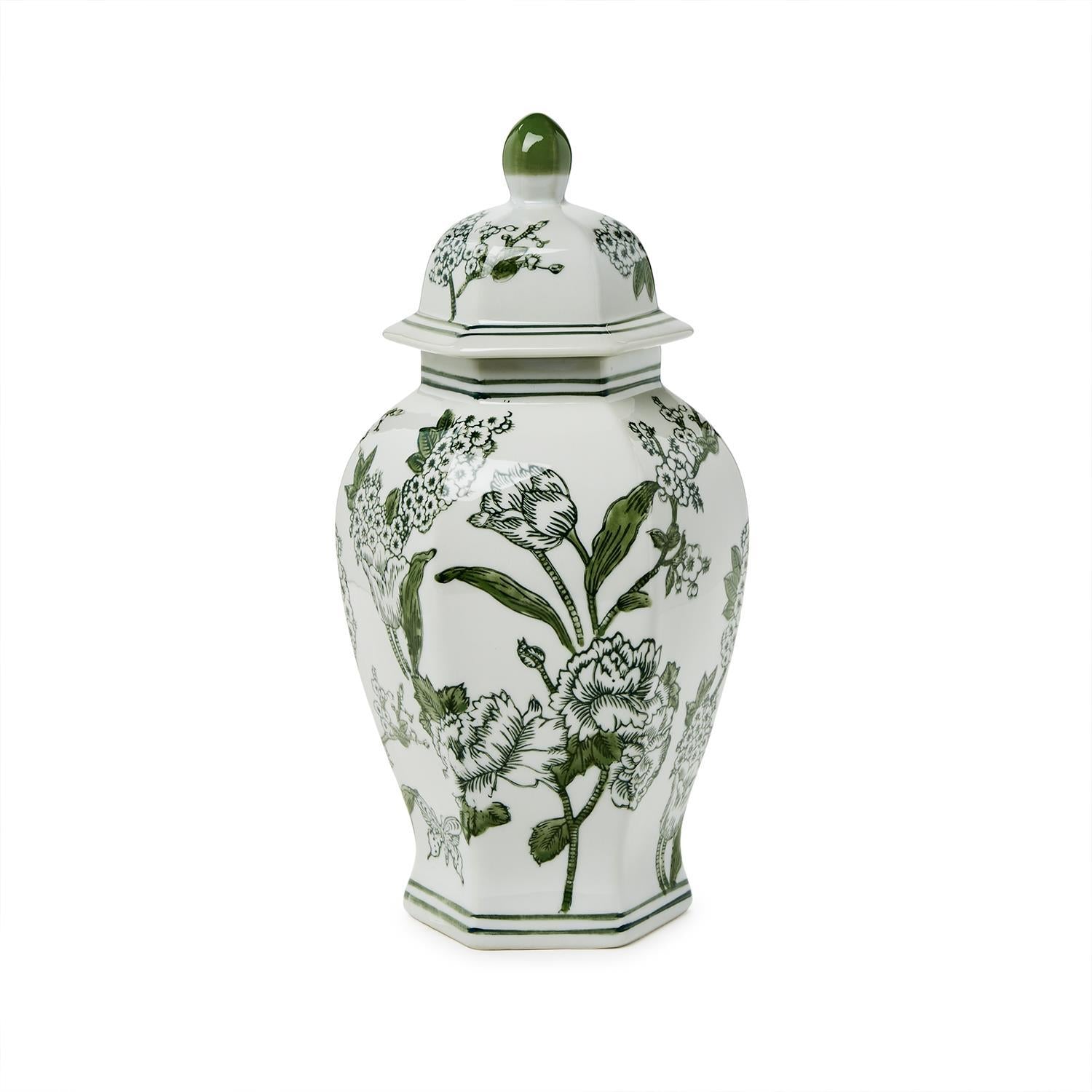 14" Primrose and Lotus Green and White Chinoiserie Hexogonal Temple Jar with Lid