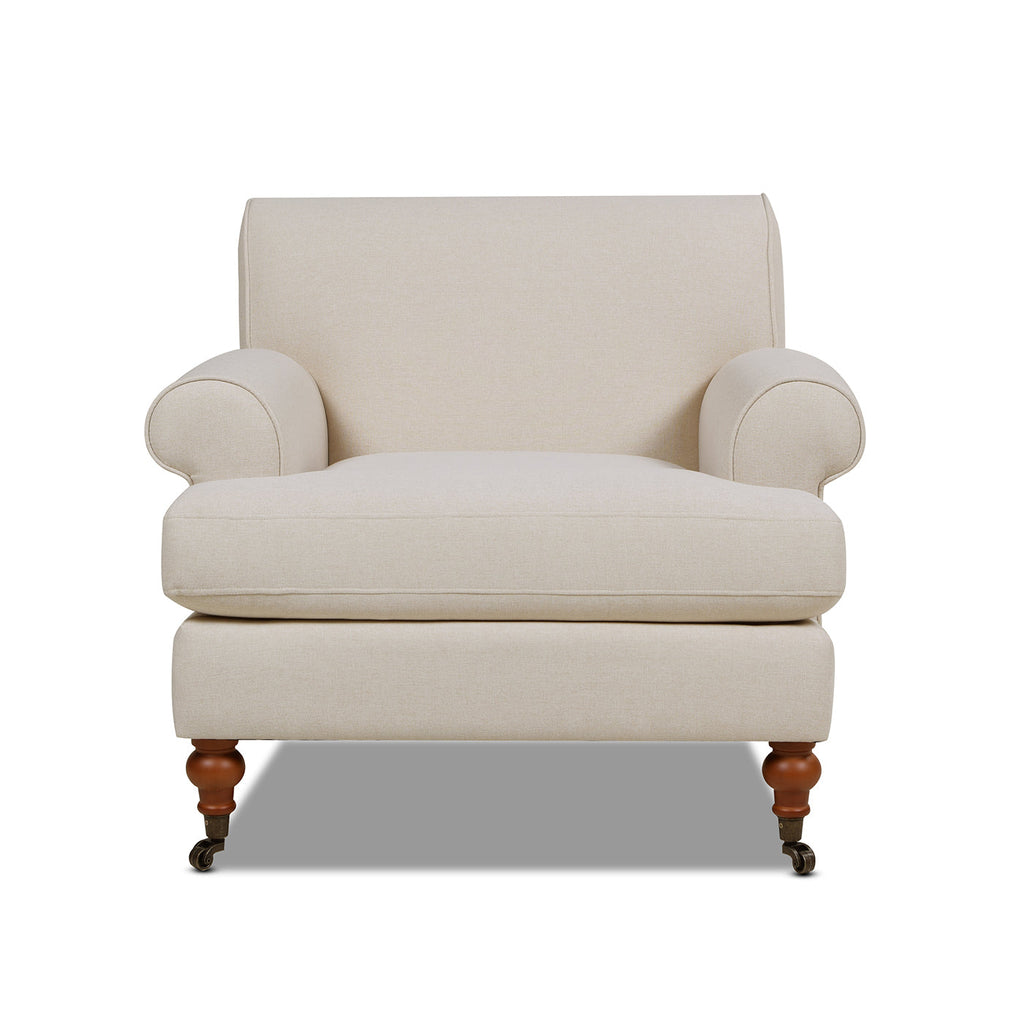 Cobaltex Upholstered Arm Chair with Metal Casters and Rolled Arms