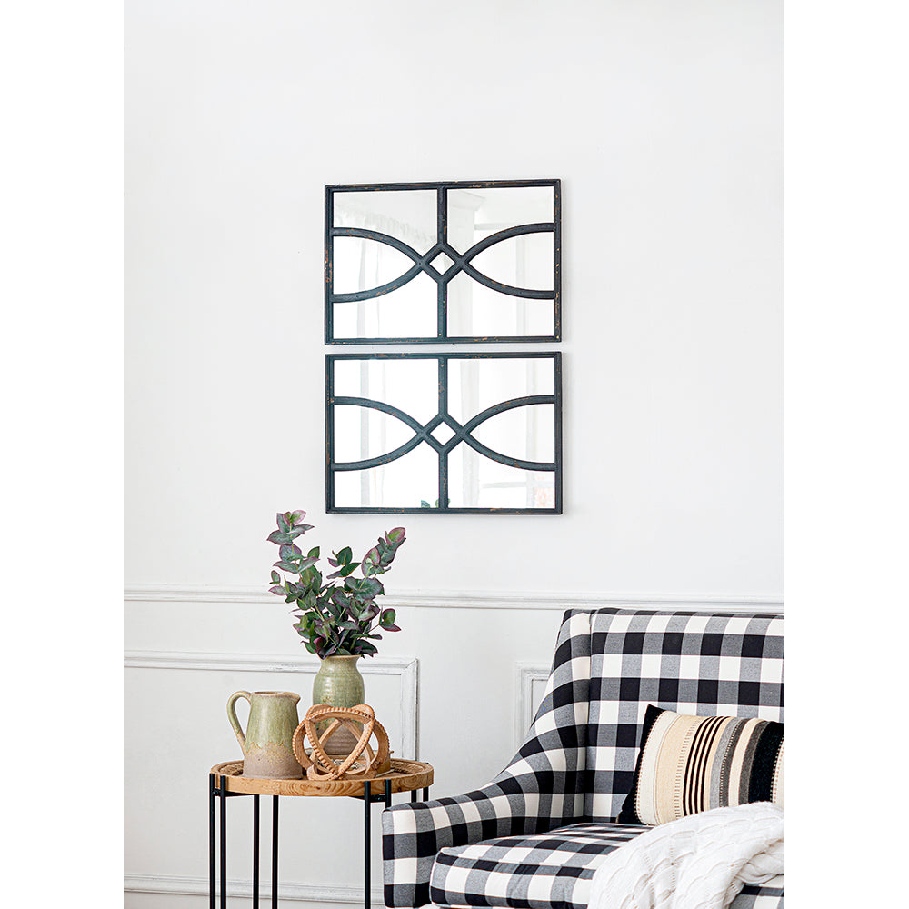 16" x 23" Rectangular Wooden Wall Mirror with Intricate Curved Motifs, Set of 2