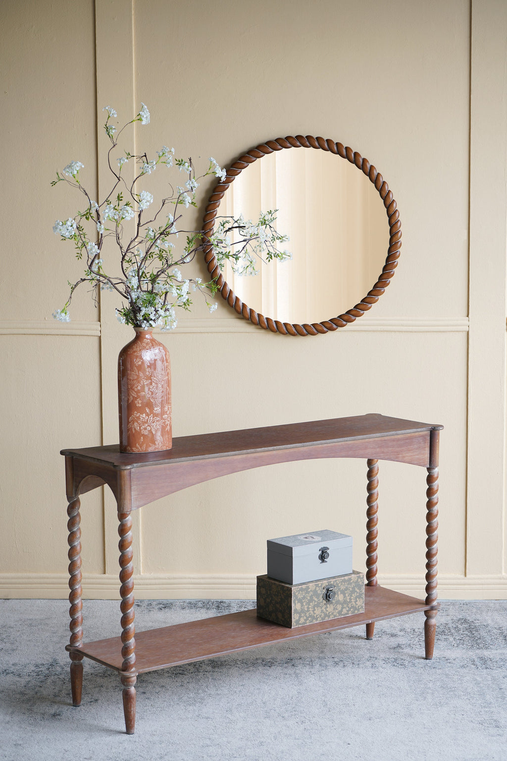 28.3" Wood Carved Rope Design Round Wall Mirror