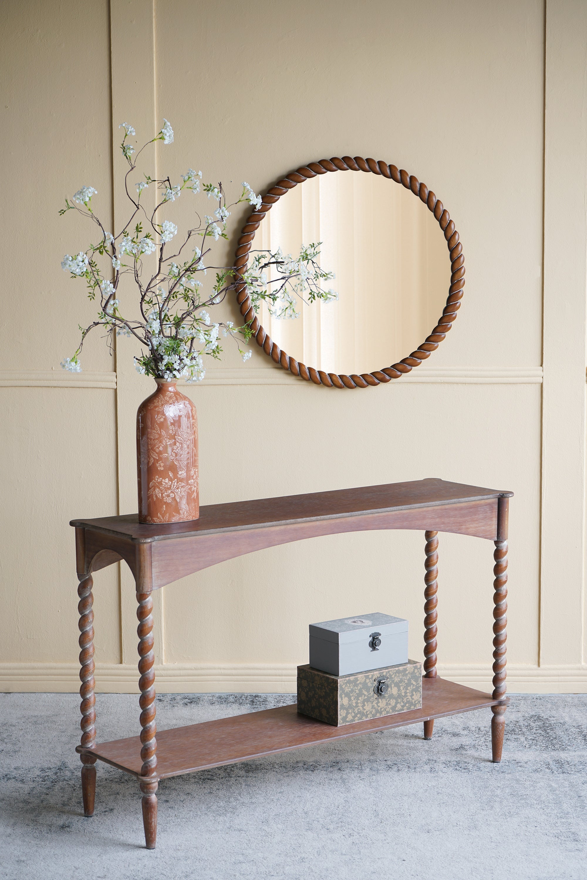 28.3" Wood Carved Rope Design Round Wall Mirror