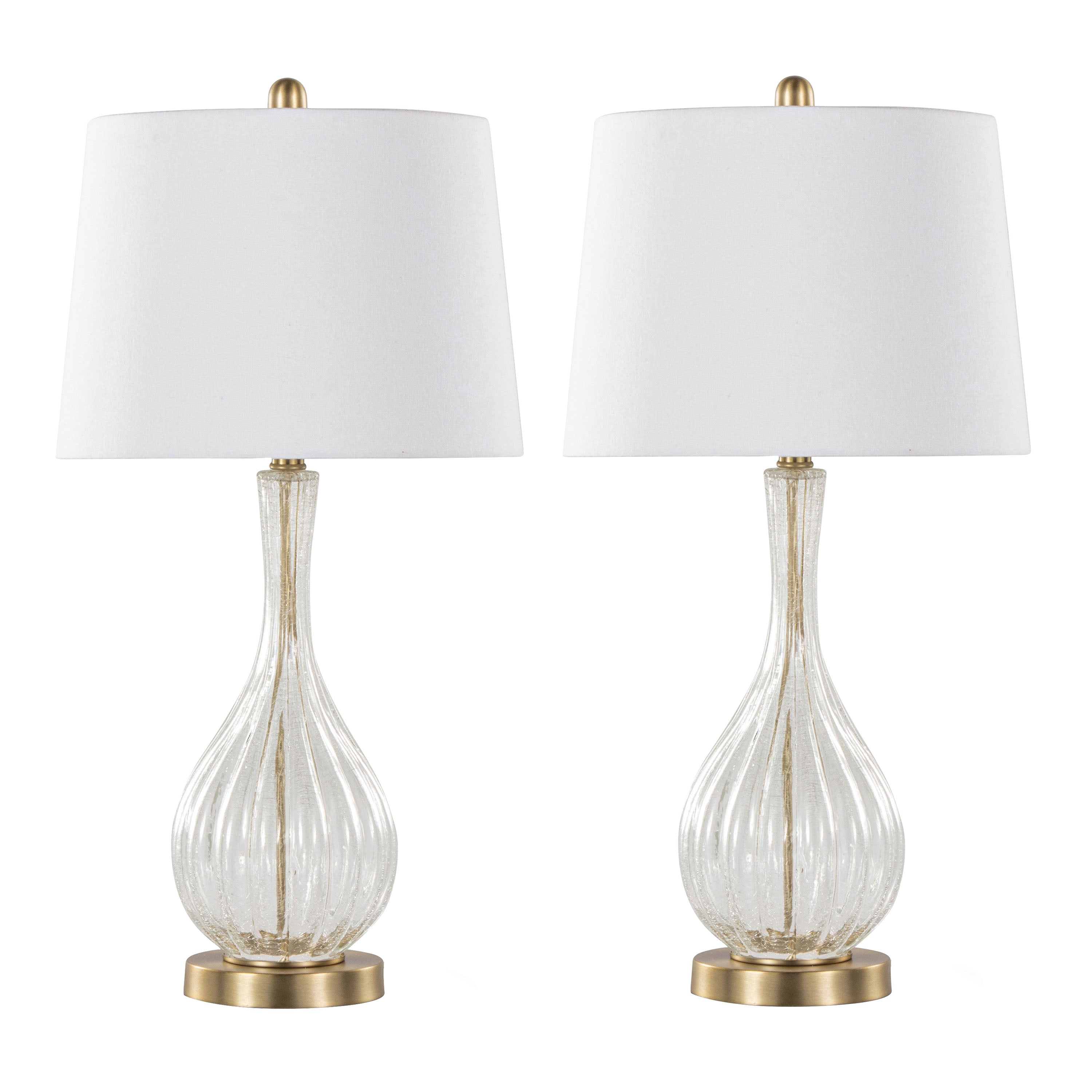 27" Table Lamp with Clear Crackle Glass and Linen Drum Shade, Set of 2