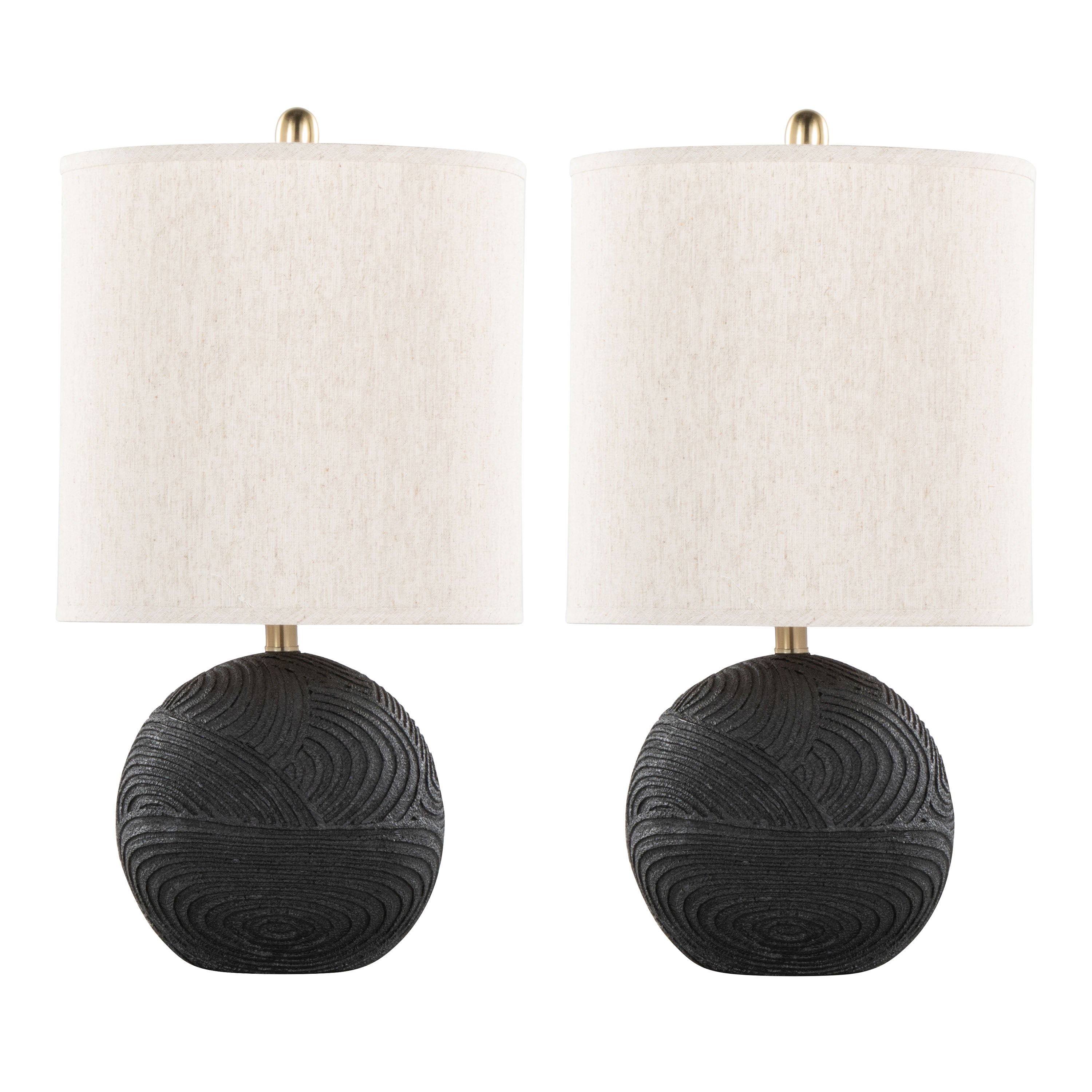 Table Lamp with Spherical Textured Base and Neutral Drum Shade, Set of 2