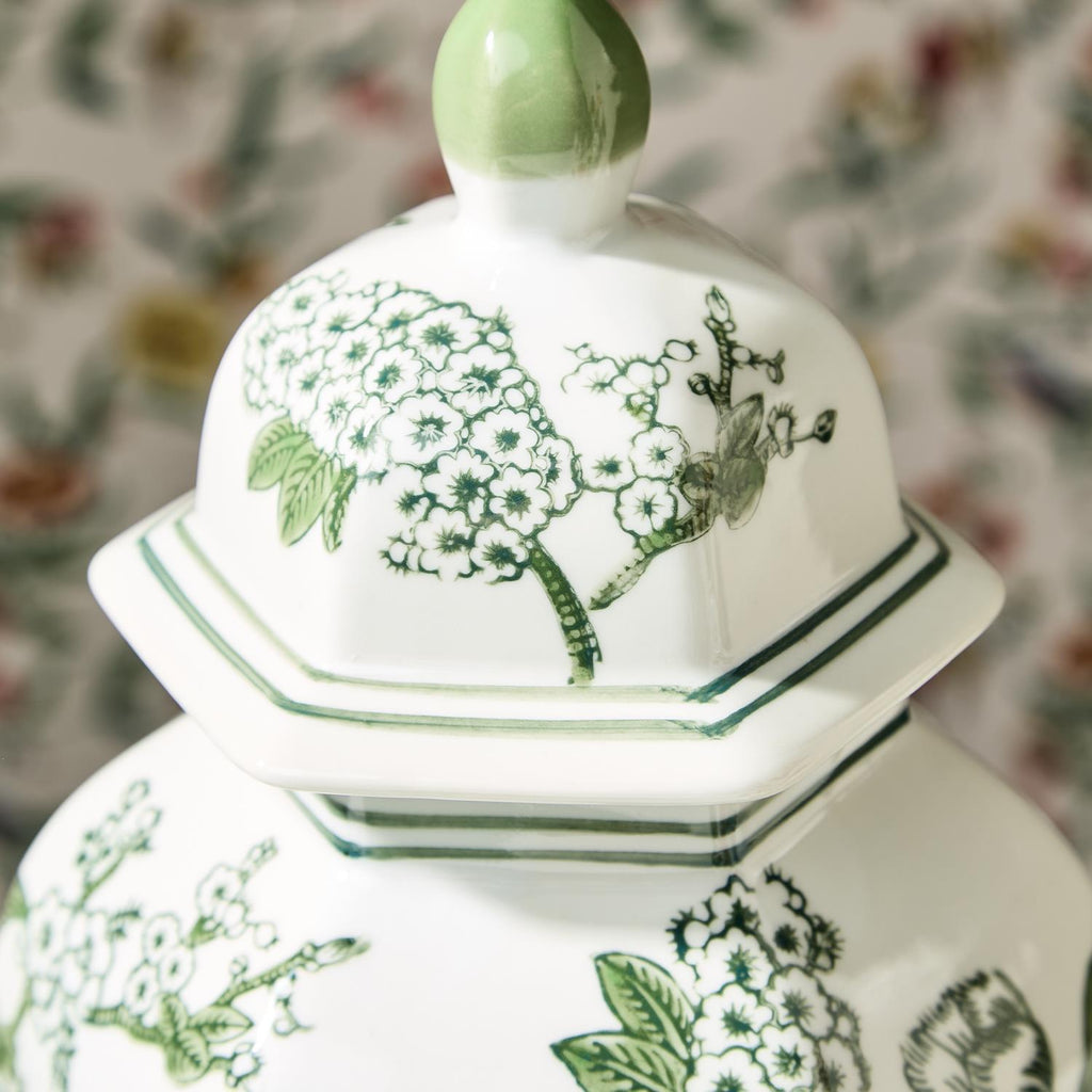 14" Primrose and Lotus Green and White Chinoiserie Hexogonal Temple Jar with Lid