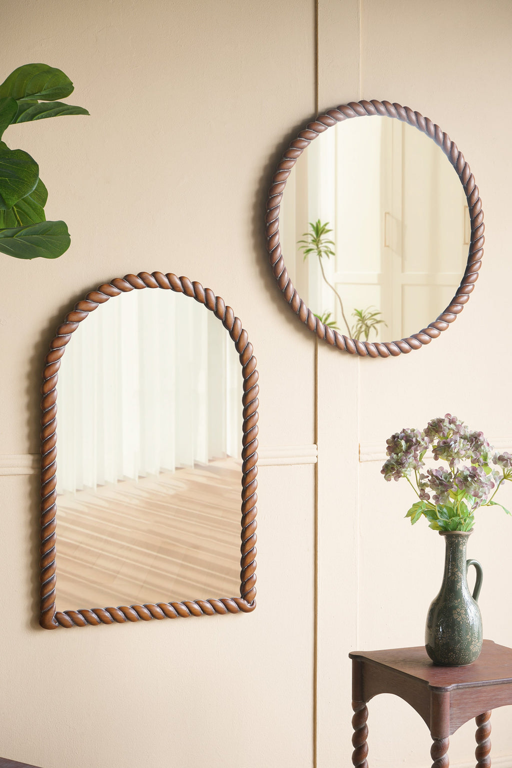 28.3" Wood Carved Rope Design Round Wall Mirror