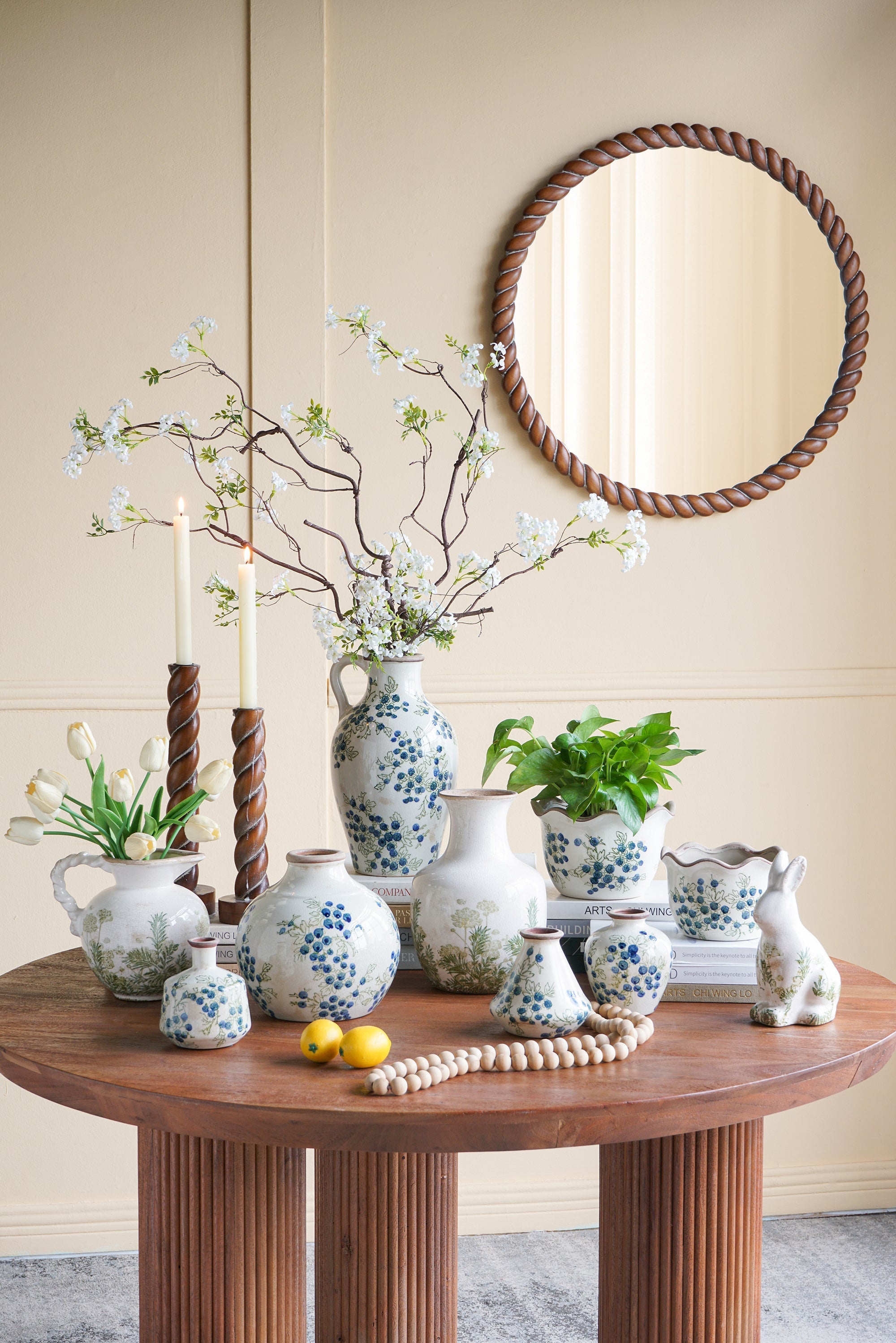 28.3" Wood Carved Rope Design Round Wall Mirror
