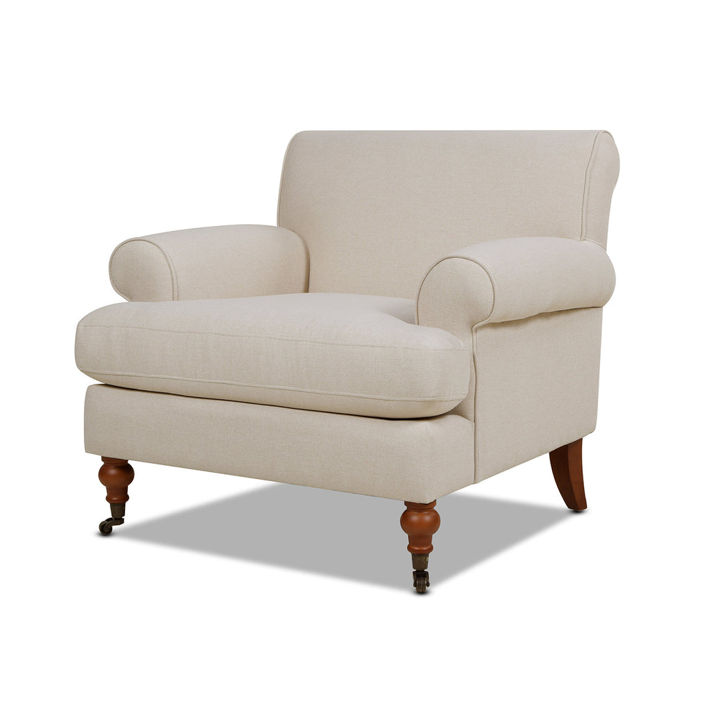 Cobaltex Upholstered Arm Chair with Metal Casters and Rolled Arms