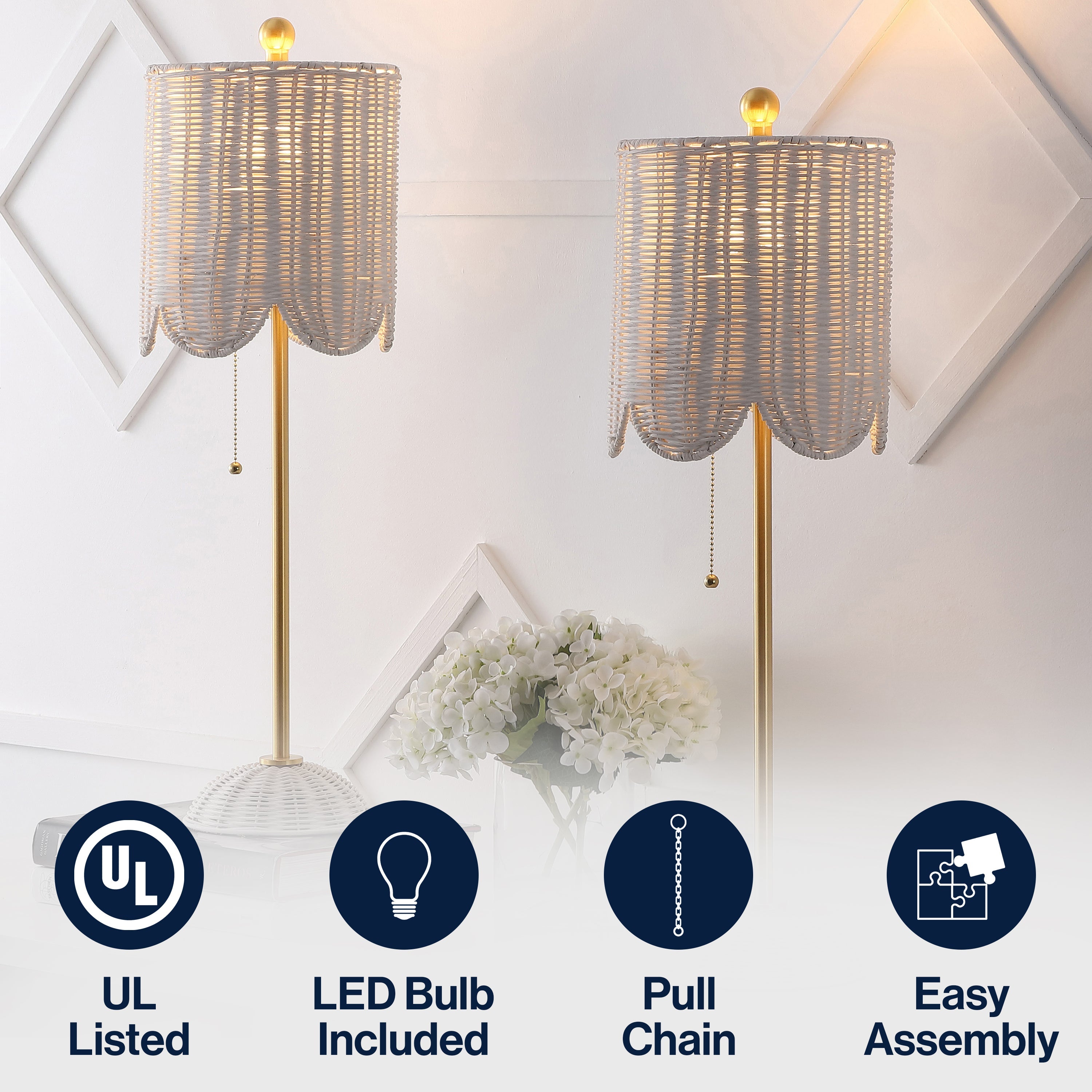 Celerie Coastal Bohemian Rattan/Iron Scalloped Buffet LED Table Lamp with Pull Chain, Set of 2
