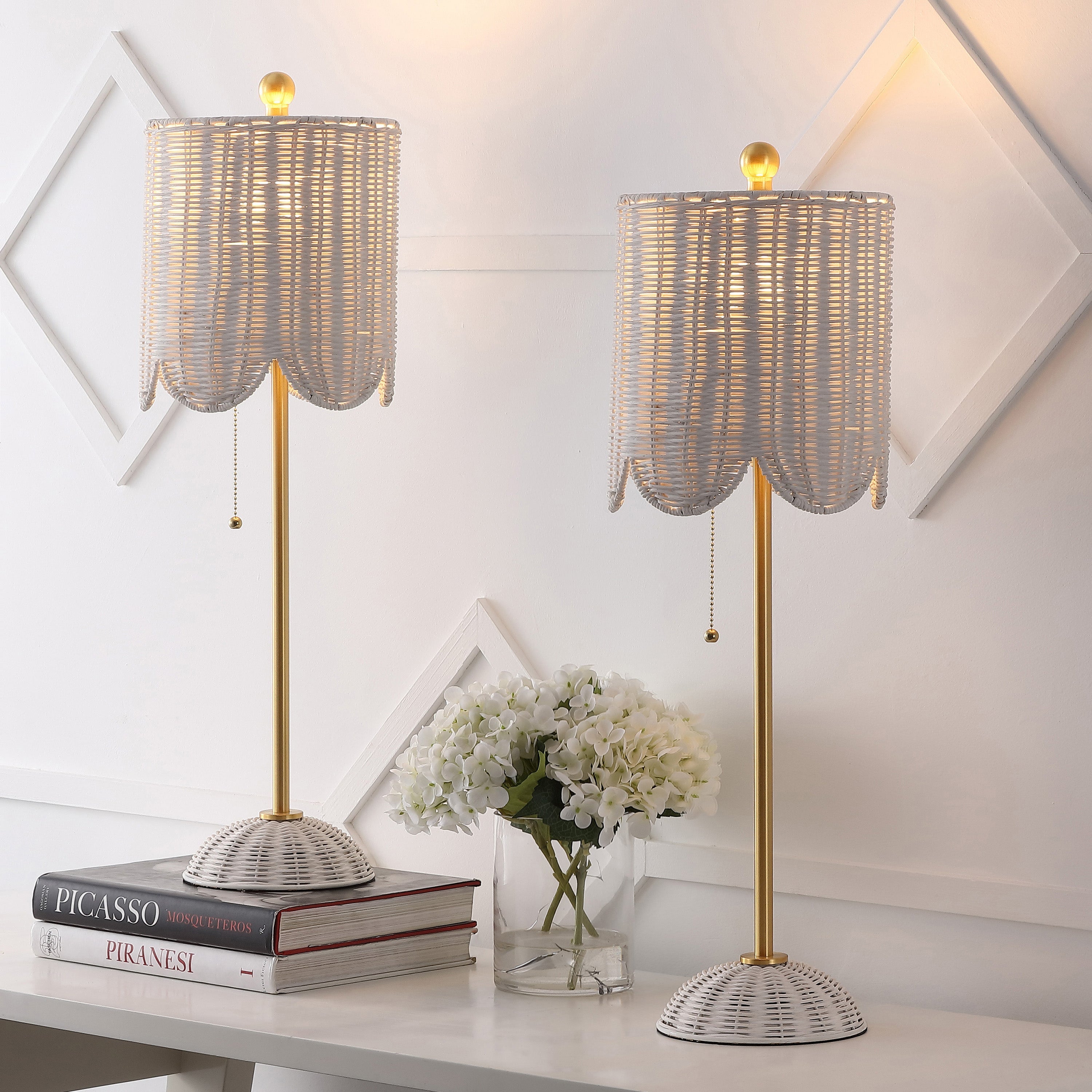 Celerie Coastal Bohemian Rattan/Iron Scalloped Buffet LED Table Lamp with Pull Chain, Set of 2