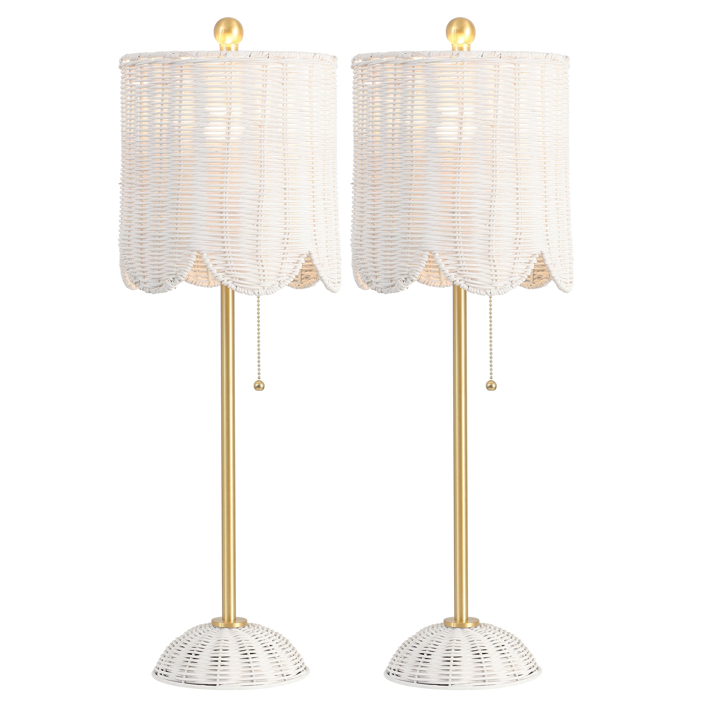 Celerie Coastal Bohemian Rattan/Iron Scalloped Buffet LED Table Lamp with Pull Chain, Set of 2