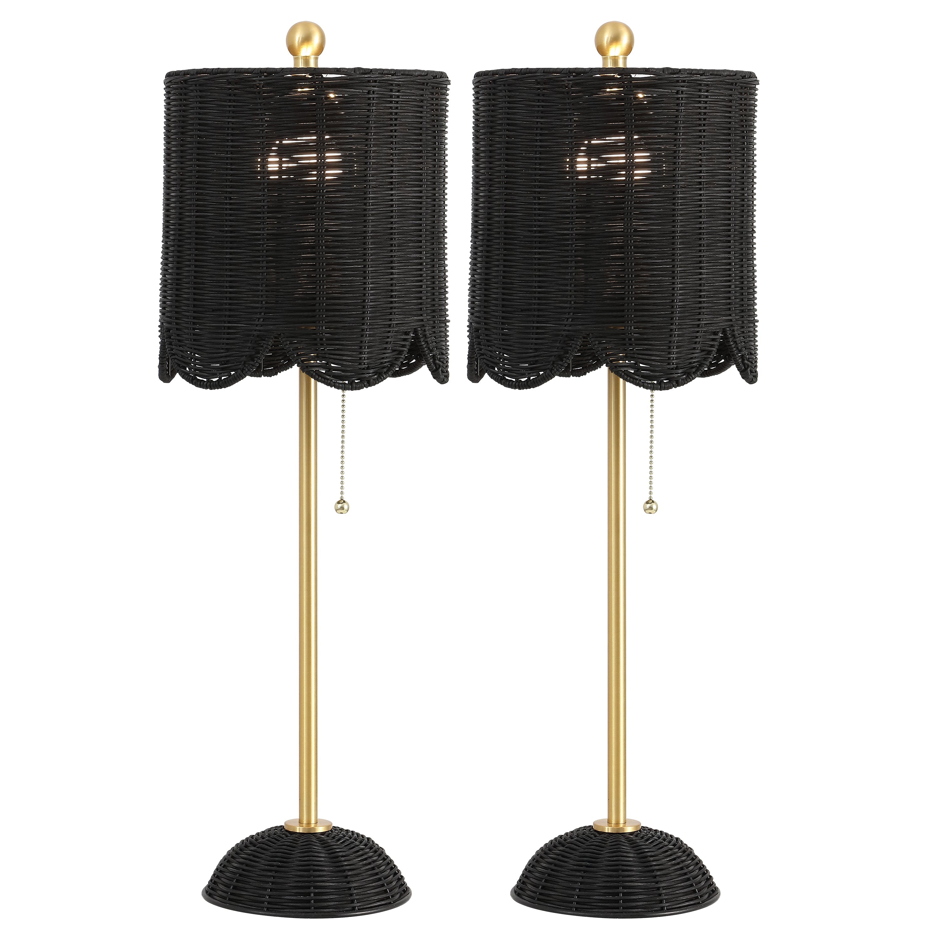 Celerie Coastal Bohemian Rattan/Iron Scalloped Buffet LED Table Lamp with Pull Chain, Set of 2