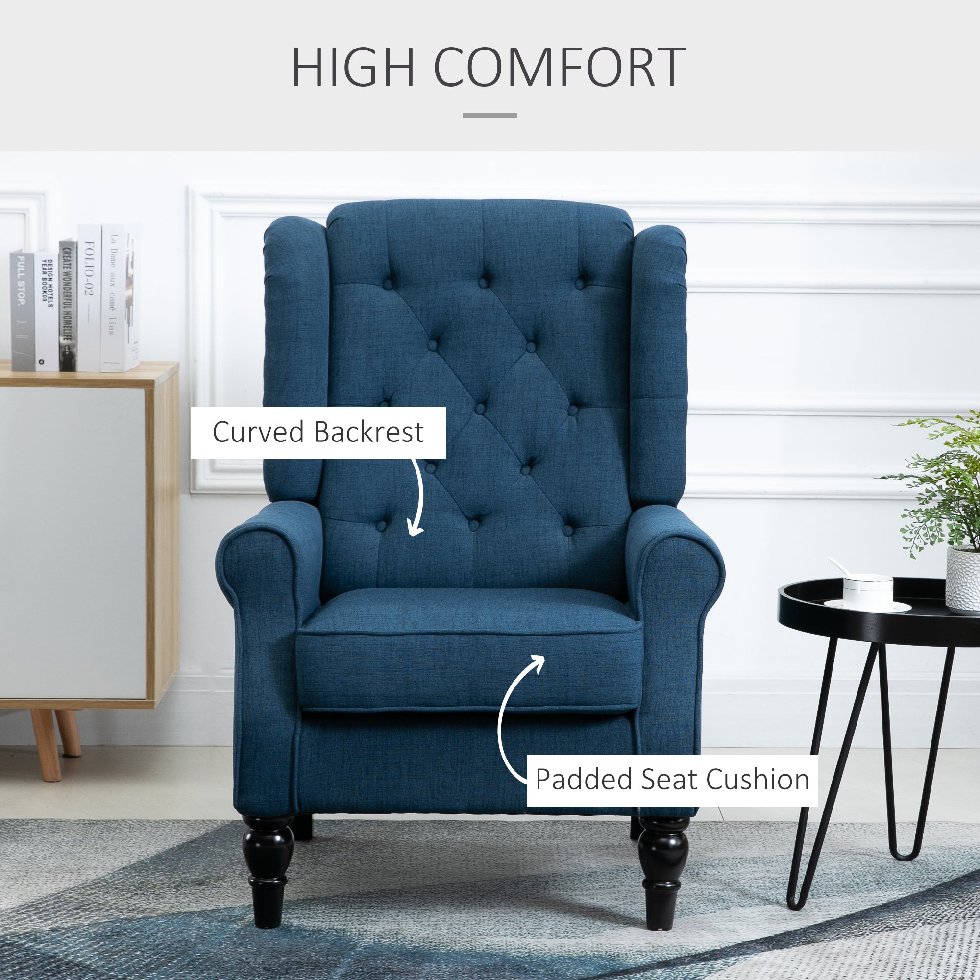 Button Tufted Upholstered Accent Chair with Wing Back and Rolled Arms