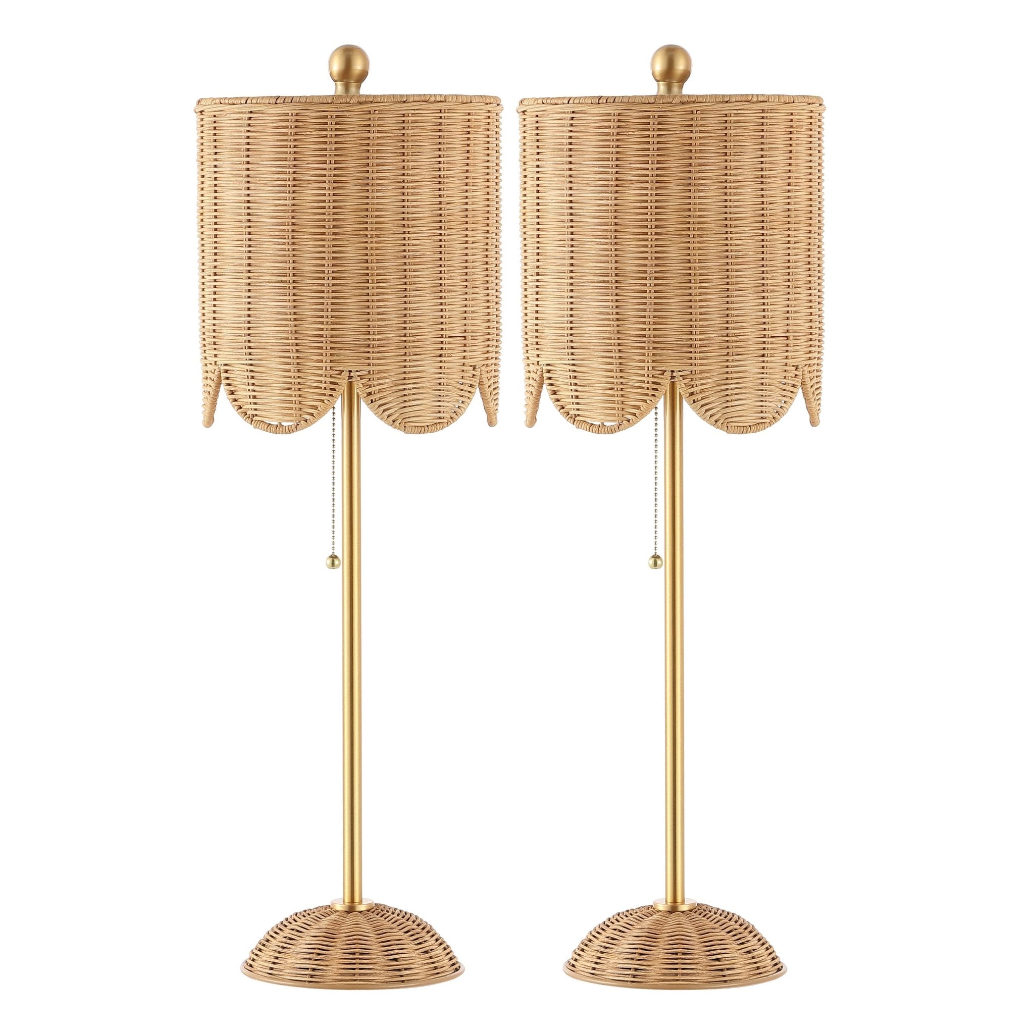 Celerie Coastal Bohemian Rattan/Iron Scalloped Buffet LED Table Lamp with Pull Chain, Set of 2