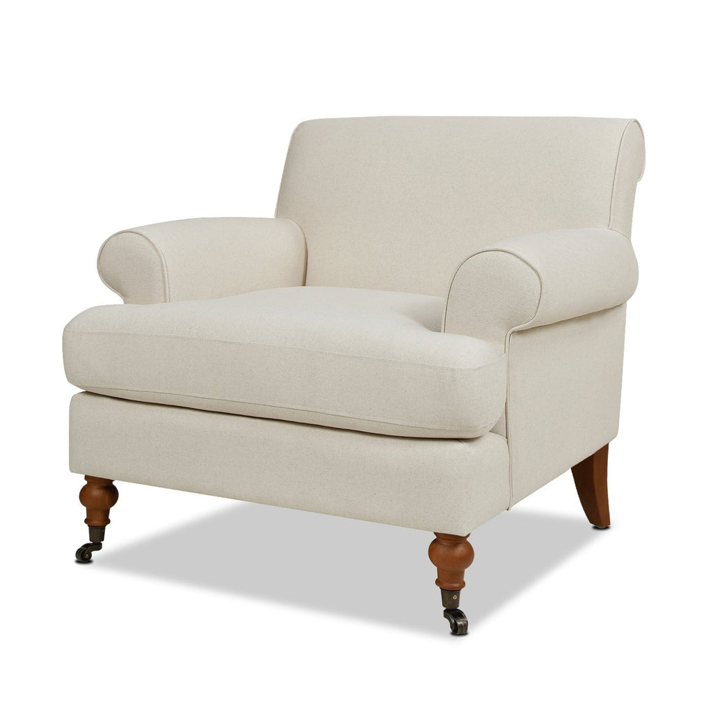 Cobaltex Upholstered Arm Chair with Metal Casters and Rolled Arms