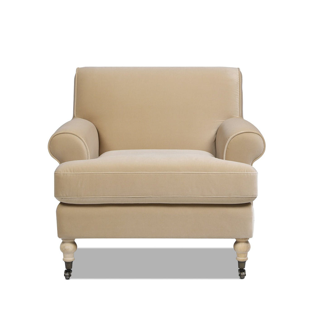 Cobaltex Upholstered Arm Chair with Metal Casters and Rolled Arms