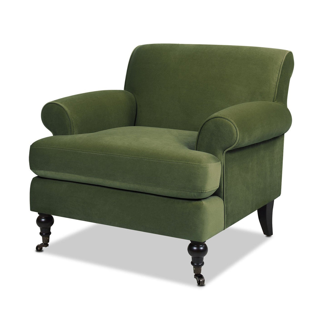 Cobaltex Upholstered Arm Chair with Metal Casters and Rolled Arms