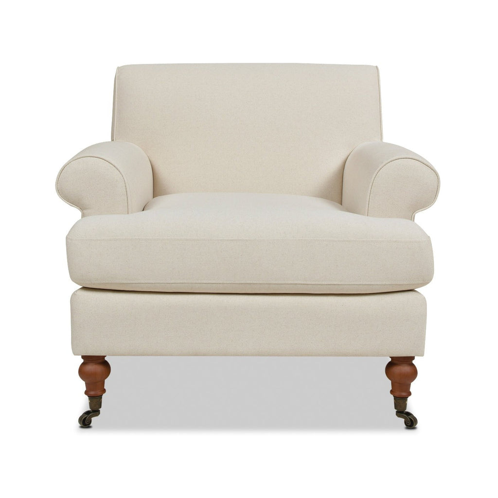 Cobaltex Upholstered Arm Chair with Metal Casters and Rolled Arms