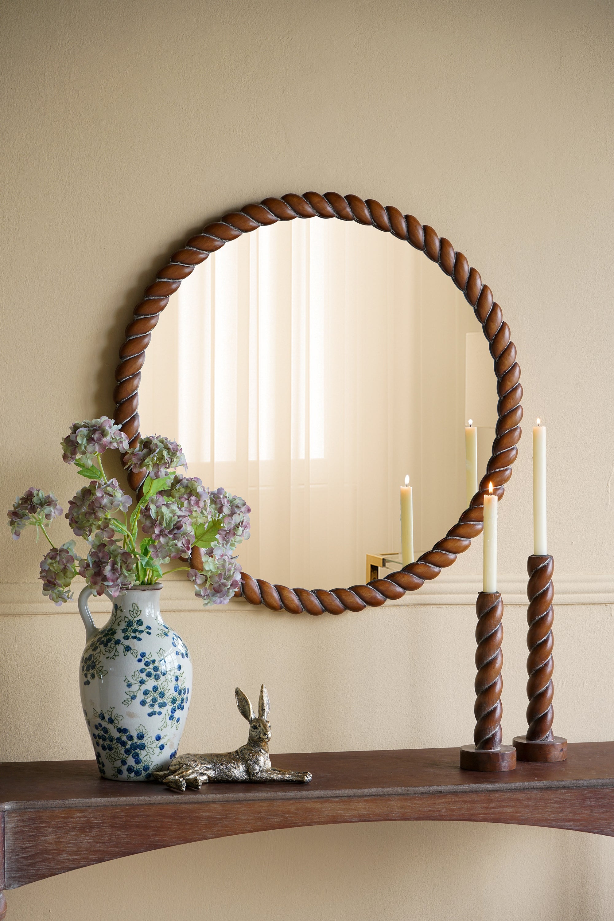 28.3" Wood Carved Rope Design Round Wall Mirror