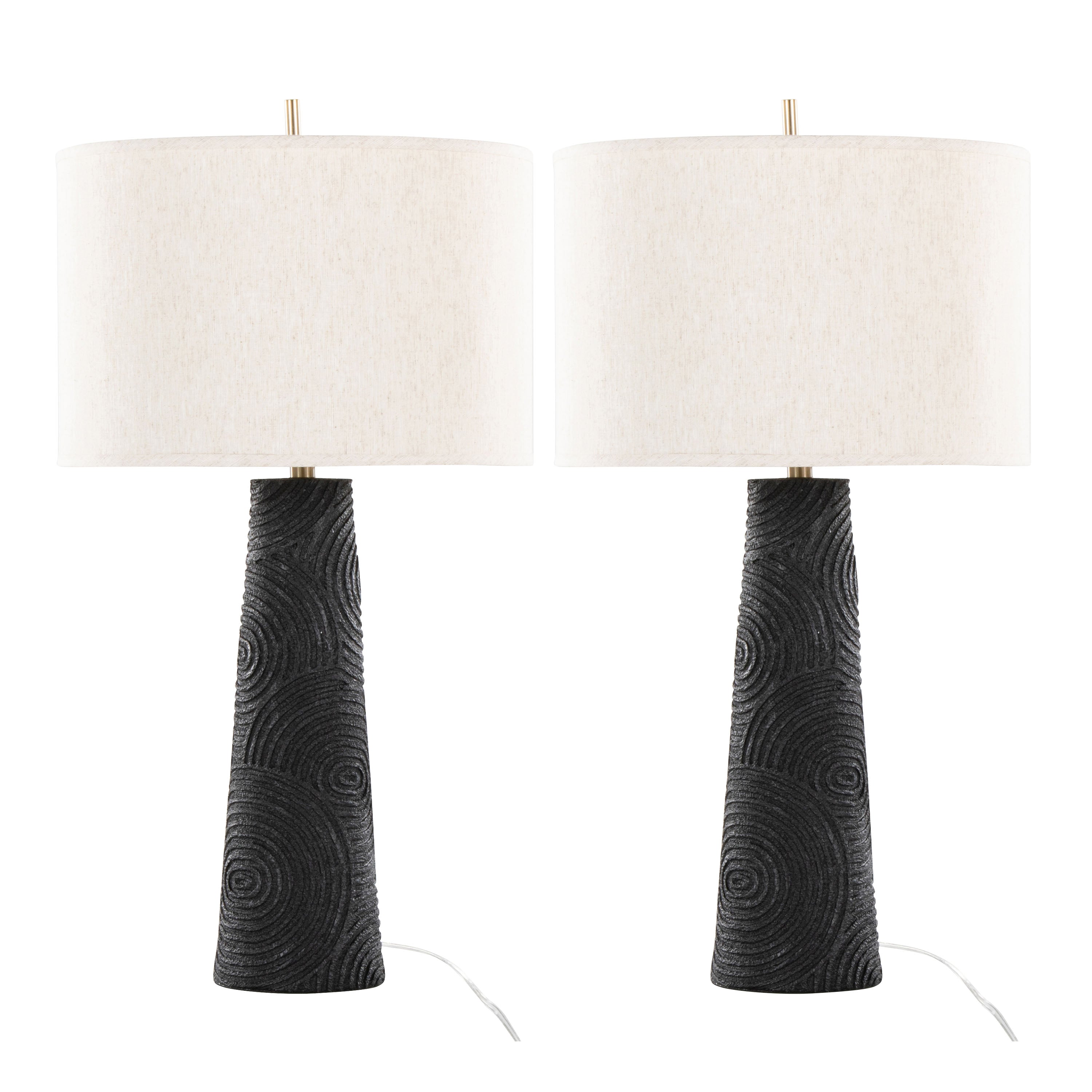 Table Lamp with Cylindrical Textured Base and Neutral Drum Shade, Set of 2