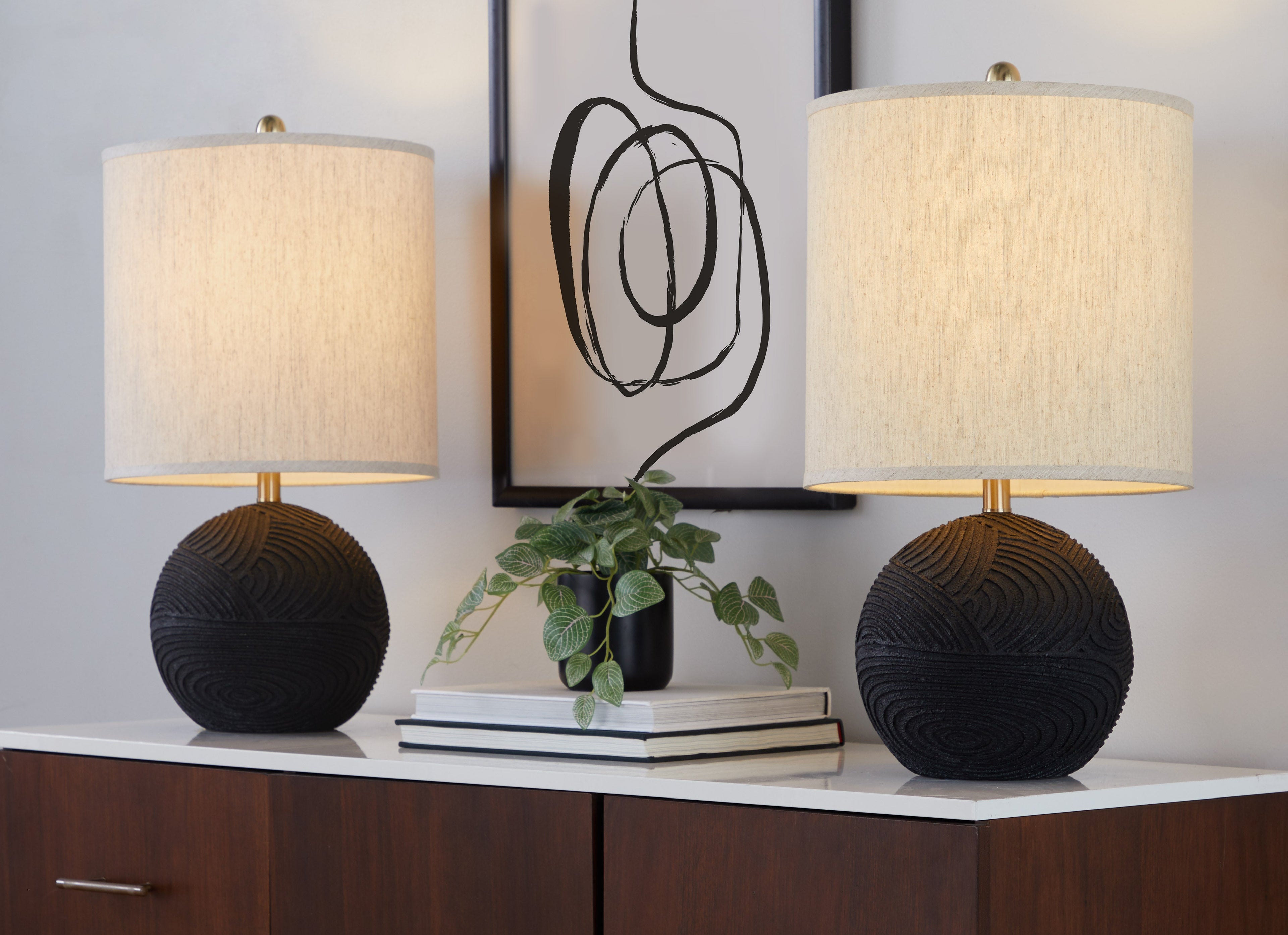 Table Lamp with Spherical Textured Base and Neutral Drum Shade, Set of 2