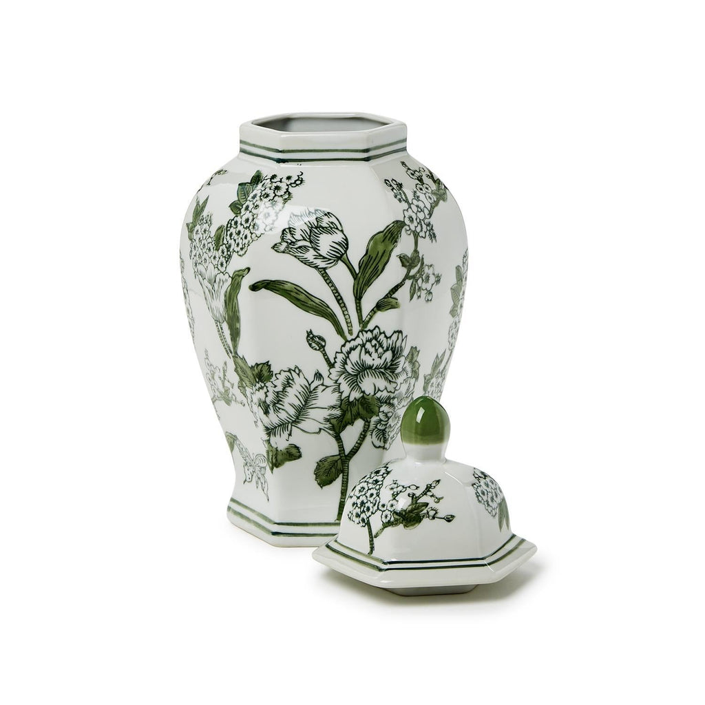 14" Primrose and Lotus Green and White Chinoiserie Hexogonal Temple Jar with Lid