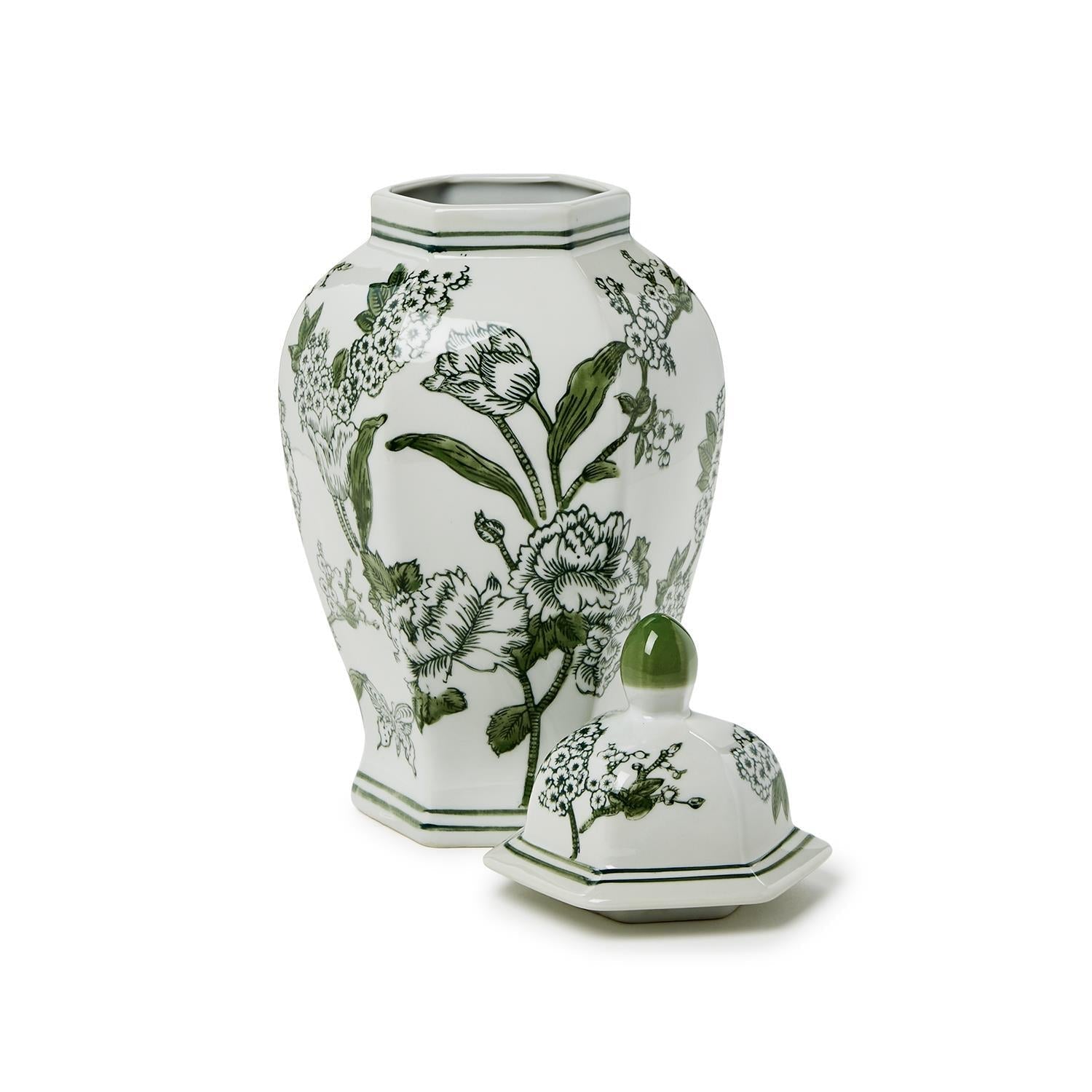 14" Primrose and Lotus Green and White Chinoiserie Hexogonal Temple Jar with Lid