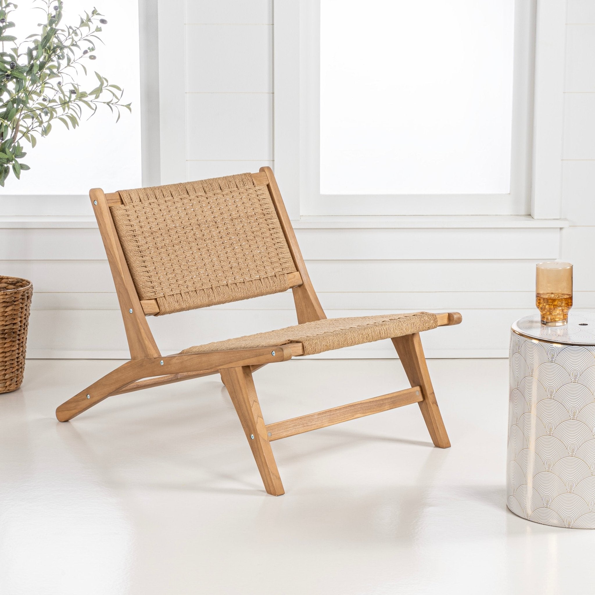Parker Mid-Century Modern Woven Seagrass Wood Armless Lounge Chair