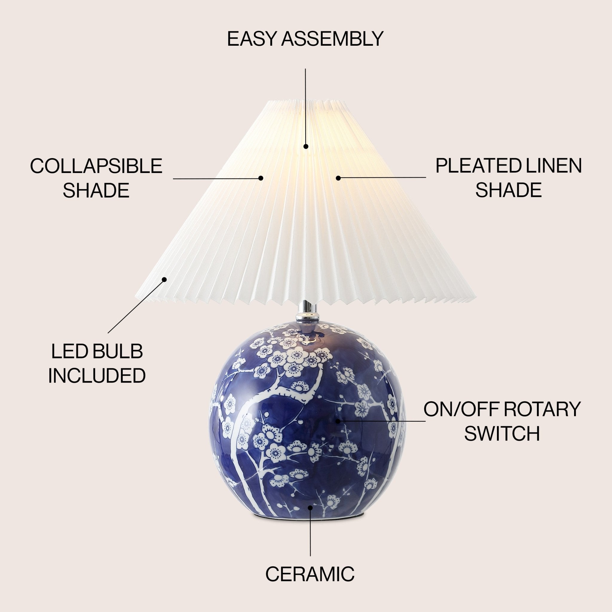 Shishen Cottage Classic Chinoiserie Ceramic Orb LED Table Lamp with Pleated Shade