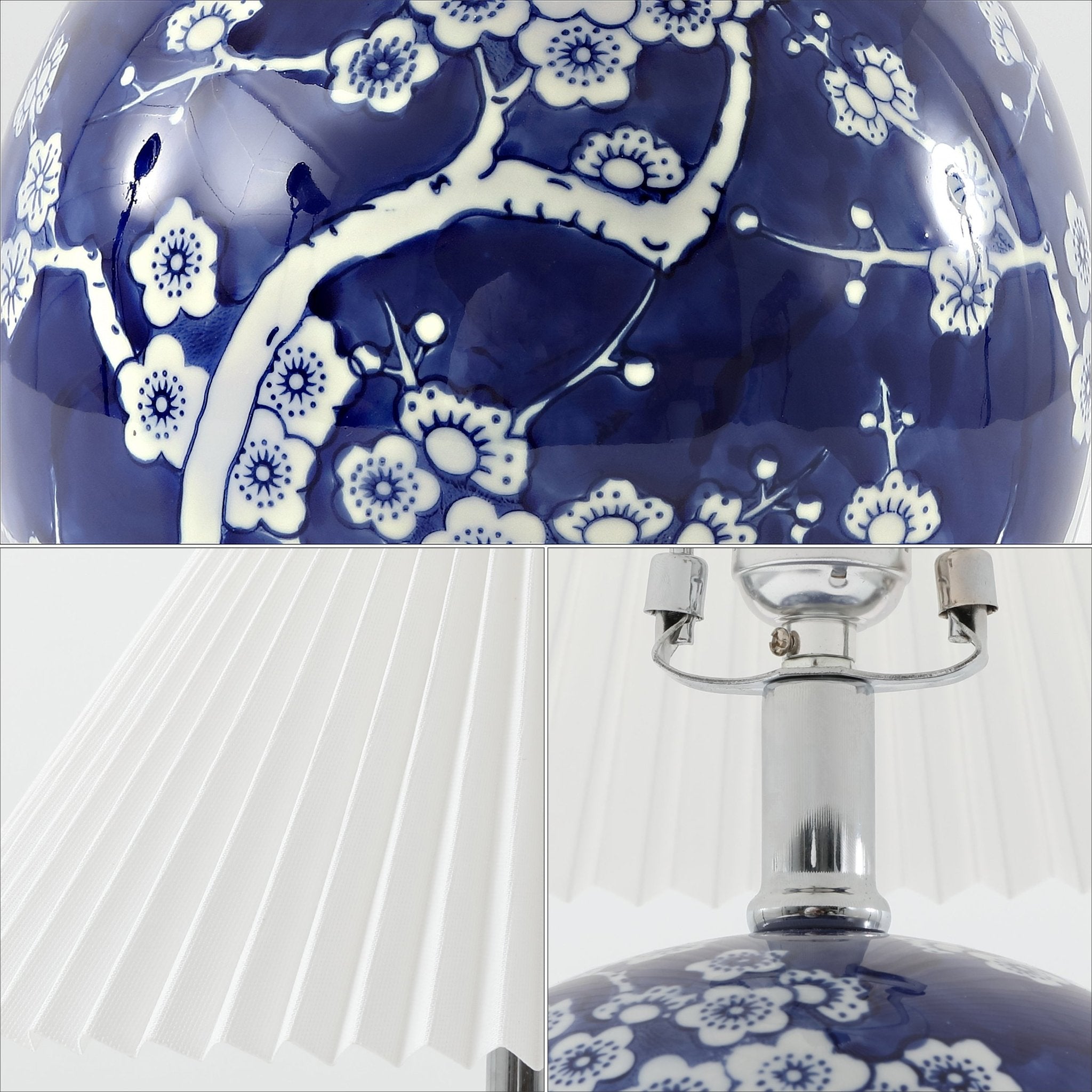 Shishen Cottage Classic Chinoiserie Ceramic Orb LED Table Lamp with Pleated Shade