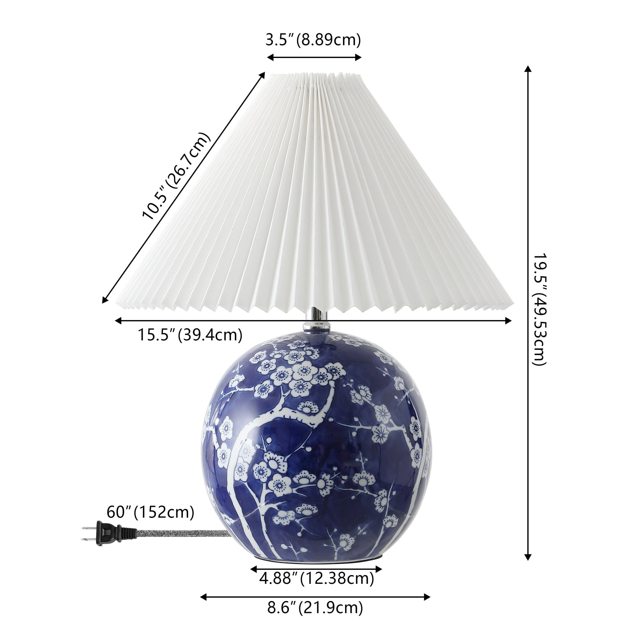 Shishen Cottage Classic Chinoiserie Ceramic Orb LED Table Lamp with Pleated Shade