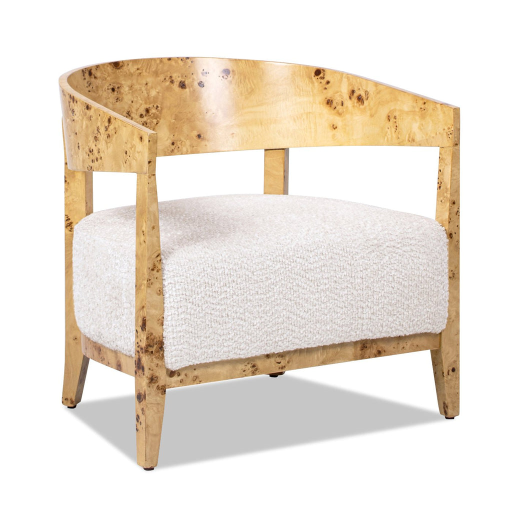 Upholstered Burled Wood Arm Chair with Wood Frame and Curved Back
