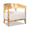 Upholstered Burled Wood Arm Chair with Wood Frame and Curved Back