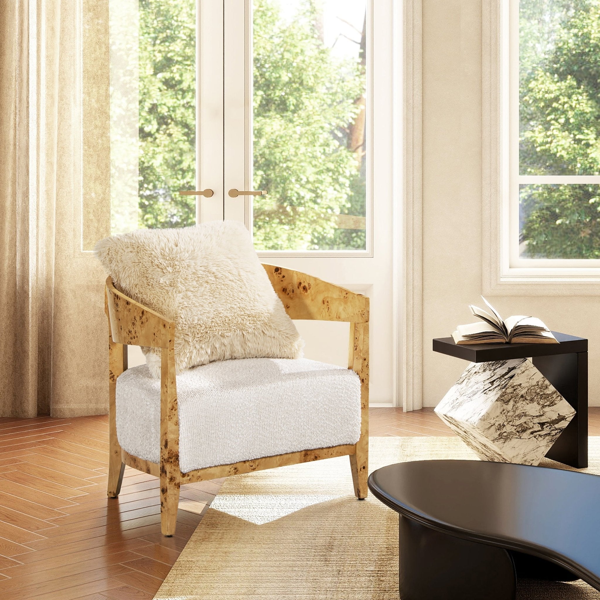 Upholstered Burled Wood Arm Chair with Wood Frame and Curved Back