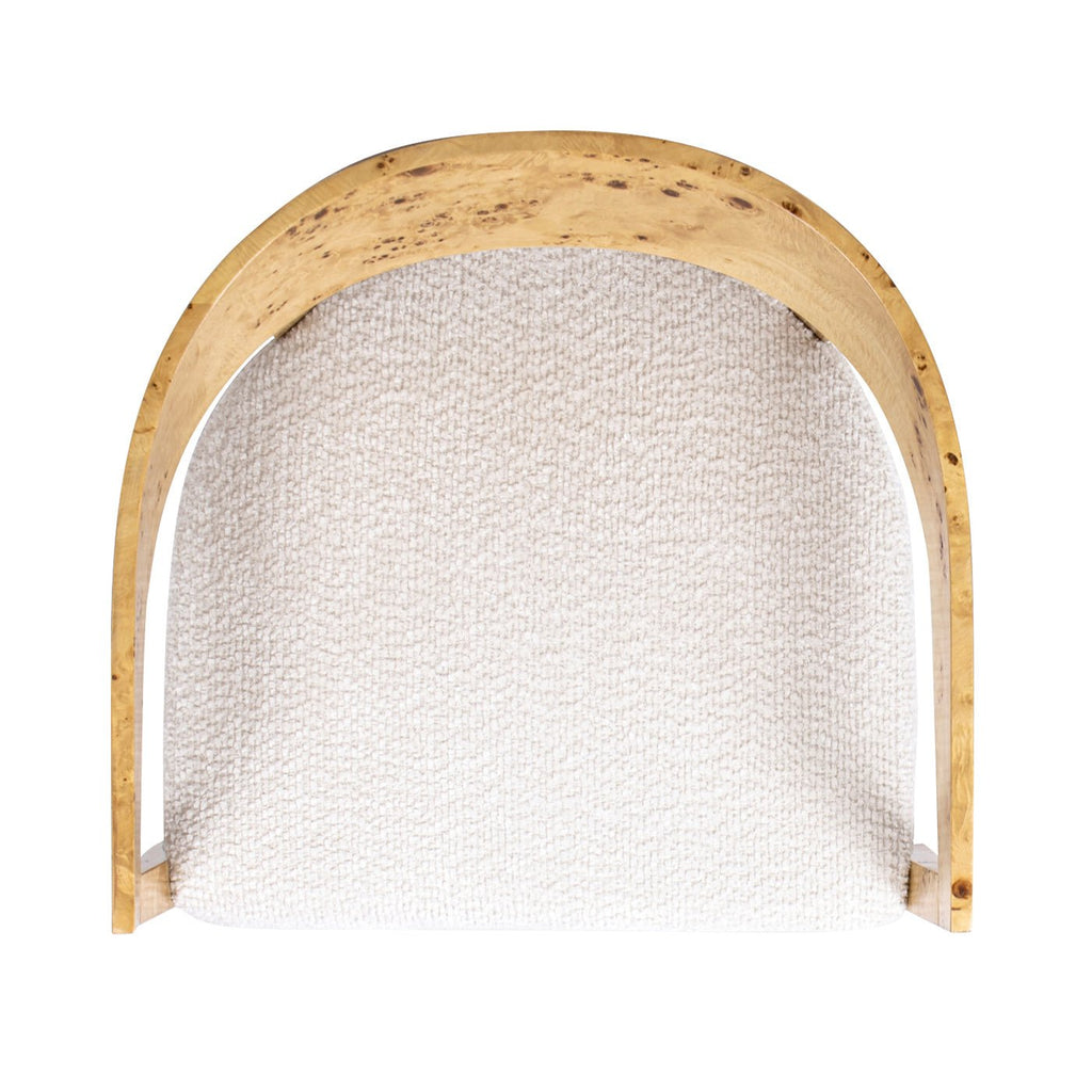 Upholstered Burled Wood Arm Chair with Wood Frame and Curved Back