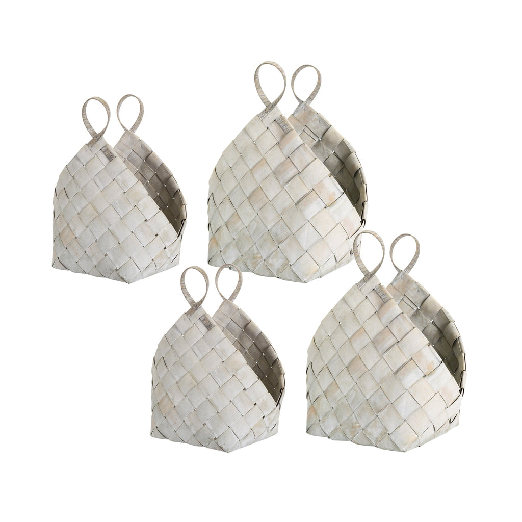 White Woven Metasequoia Wood Basket with Handles (Set of 4)